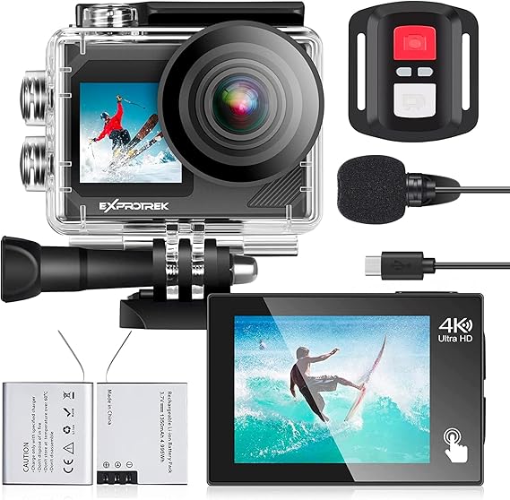 Exprotrek Cámara Deportiva 4K con Pantalla táctil, 4K 30fps,cámara subacuática Impermeable de 40 m,cámara Deportiva con Control Remoto y Kit de Accesorios para Casco