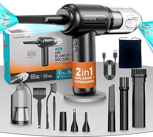 PORTENTUM Air Blower And Vacuum ABV-1, Aspirapolvere Senza Fili et Aria Compressa, Nero, 68 W, 75 decibeles
