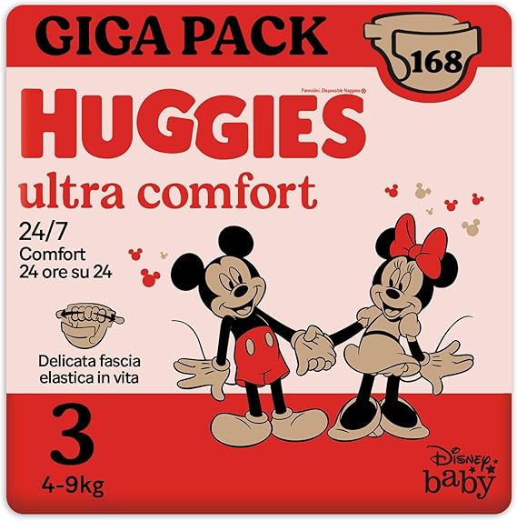 Huggies Ultra Comfort/Little Movers Pañales talla 3 (4-9 kg), ultra absorbente, protección completa, 168 unidades