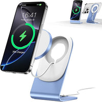 Cargador mag Safe BHHB Cargador inalambrico iPhone 15W mag-Safe Cargador inalámbrico Cargador con Soporte para iPhone 15 Pro Max/15 Pro/15 Plus/15/14/13/12/Air-Pods 2/3/Pro (Azul)