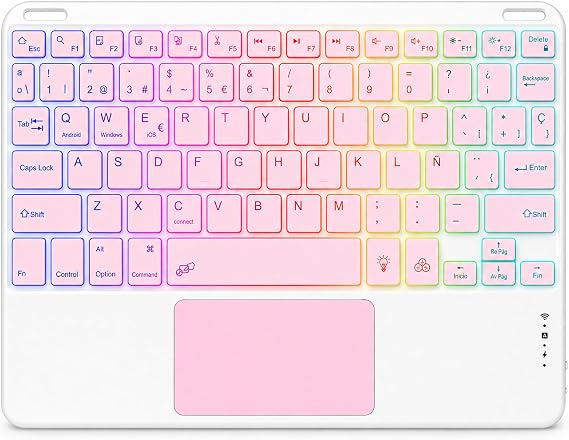 Teclado Bluetooth con Touchpad para iPad,Teclado Español Ñ Inalámbrico Retroiluminado para Tablets,Android,iOS y Windows,Teclado con 7 Colores Recargable Portátil QWERTY para iPad,Samsung,Huawei