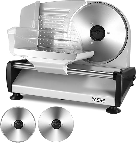 YASHE Cortadora de Fiambre Eléctrica, Cortadora de Carne y Pan de 250W con Cuchillas Serradas y Lisas de 19cm, Espesor Ajustable 0–15mm, Bloqueo de Seguridad, Pies Antideslizantes, Fácil de Limpiar