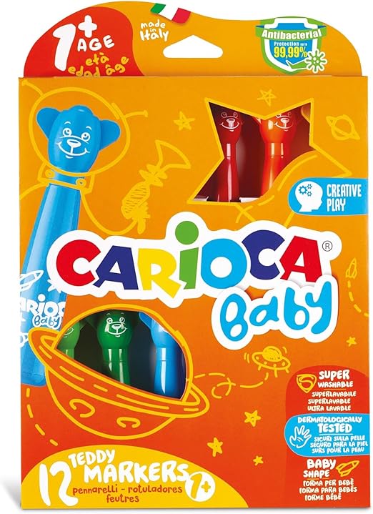 CARIOCA Baby Teddy Marker 1+ | Set Colori con Pennarelli Super Lavabili, Scatola Pennarelli per Bambini dai 12 Mesi, 12 Pezzi