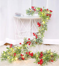 Guirnalda Navidad,Corona Navideña de 1,8 Metros de Largo con 20 LED, Bayas Rojas y Hojas Verdes,Adecuado para Adornos Navidad, Decoracion Hogar (Style 1)