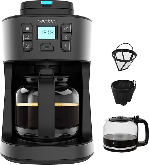 Cecotec Cafetera de Goteo Coffee 66 Grind & Drop Essential. 1086W, Molinillo de Cuchillas, Hasta 12 Tazas, Tecnología Extremearoma, Cafetera de Goteo Digital, Acero Inoxidable, Apagado Automático