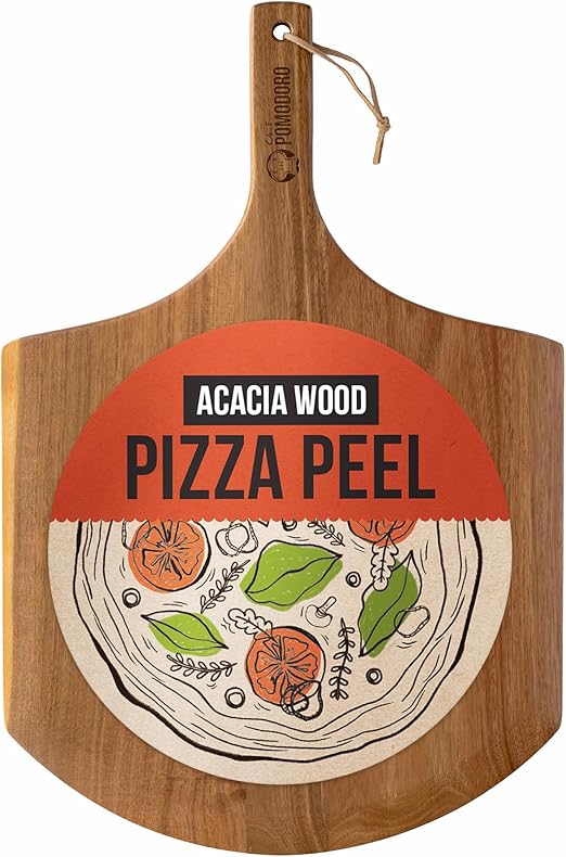 Chef Pomodoro Pala Pizza 35.5 cm, Tabla Pizza Horno de Madera de Acacia para Hornear Pizza Casera y Pan, Bandeja Madera Aperitivos, Embutidos y Quesos, Utensilios de Cocina para Pizzeros