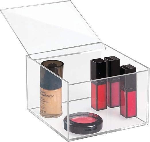 iDesign Organizador de maquillaje con tapa (15,2 x 15,2 x 10,2 cm), caja de belleza mediana en plástico sin BPA, organizador de cosméticos apilable de acrílico, transparente