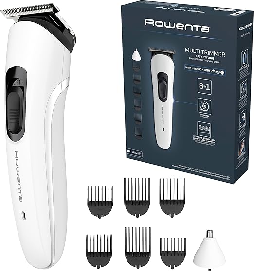 Rowenta Trim & Style 8 in 1, multiaccesorios para hombre, cuchillas de acero inoxidable autoafilables, 6 peines fijos, accesorio apra nariz y orejas, TN8934E0