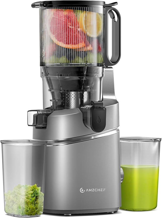 AMZCHEF Extractor de Zumos y Verduras Automático, 135MM Apertura y 1.8L Capacidad Licuadora para Verduras y Frutas Entera, 250W Licuadora Prensado en Frio Lento con Triple Filtro - Gris