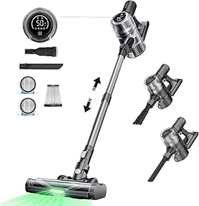 Proscenic Aspiradora sin Cable, P13 45KPa/550W/45 Mins Aspiradora Escoba con Luz Verde, Pantalla Táctil y Cepillo Antienredos, 1,2L Aspirador Vertical para Suelo, Alfombra, Pelo de Mascota, Sofá