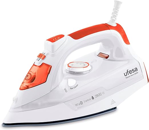 Ufesa Steam Tech 2800 Plancha Vapor Vertical y Horizontal, 2800 W, Golpe de Vapor Max 180 g, Suela Cerámica, Vapor o en Seco, Triple Sistema Antical, Blanco / Rojo