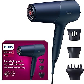 Philips Secador de Pelo Serie 5000, 2300w, con Tecnología ThermoShield, Boquilla UltraEstrecha, Boquilla Estrecha y Disfusor, BHD510/20, Negro
