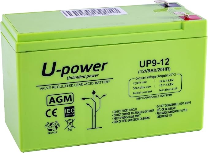 U-Power Batería AGM 12V 9Ah – Sellada Recargable Plomo-Ácido VRLA – para Alarmas, SAI/UPS, Seguridad, Juguetes Eléctricos y Más – Terminal Faston F2 (6.3 mm)