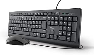 Trust Taro - Juego de teclado y ratón con cable, diseño alemán QWERTZ, teclas silenciosas y botones de ratón, a prueba de salpicaduras, puerto USB, para PC, portátil, MacBook, Windows, MacOS, color
