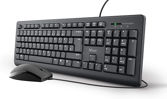 Trust Taro - Juego de teclado y ratón con cable, diseño alemán QWERTZ, teclas silenciosas y botones de ratón, a prueba de salpicaduras, puerto USB, para PC, portátil, MacBook, Windows, MacOS, color