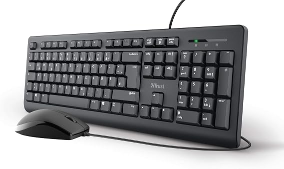 Trust Taro - Juego de teclado y ratón con cable, diseño alemán QWERTZ, teclas silenciosas y botones de ratón, a prueba de salpicaduras, puerto USB, para PC, portátil, MacBook, Windows, MacOS, color