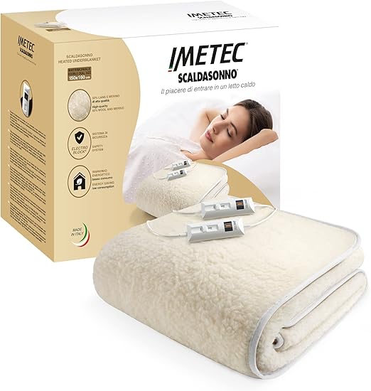 Imetec Scaldasonno doble 150 x 160 cm, 50 % lana merina, 2 temperaturas, dispositivo de seguridad Electro Block, fabricado en Italia