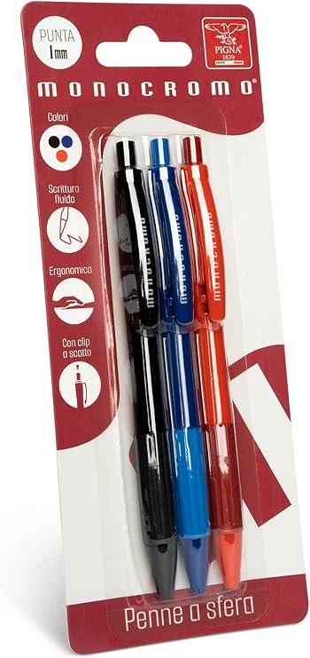 Pigna, stylo à bille monochrome avec mécanisme à clic, blister de 3 unités (bleu, noir, rouge), écriture fluide, idéal pour l'école et le bureau