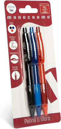 Pigna, stylo à bille monochrome avec mécanisme à clic, blister de 3 unités (bleu, noir, rouge), écriture fluide, idéal pour l'école et le bureau