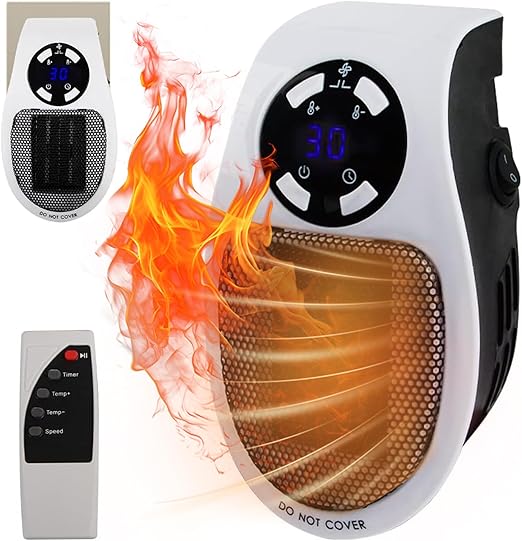 Mini Calentador de Enchufe, FainFun 500W Calentador de Enchufe de Cerámica, Mini Calefactor de Enchufe a Pared con Mando a Distancia, Plug in Mini Heater con 2 Velocidades de Aire, Termostato, Timer