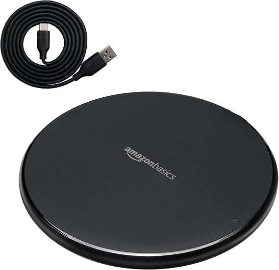 Amazon Basics Base de carga inalámbrica con certificación Qi de 15 W (iPhone 16/15/14/13/12/11/X, Samsung) - Con cable USB (adaptador de CA no incluido) - Negro