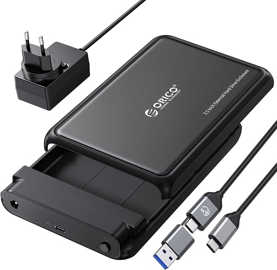 ORICO Caja Disco Duro 3.5", USB C Carcasa Disco Duro para 2,5" 3,5" HDD SSD SATA I/II/III de hasta 20 TB, Sopporta UASP, con Adaptador 12V/2A, Herramienta Libre (Metal + ABS,Negro,DDL35-C3)