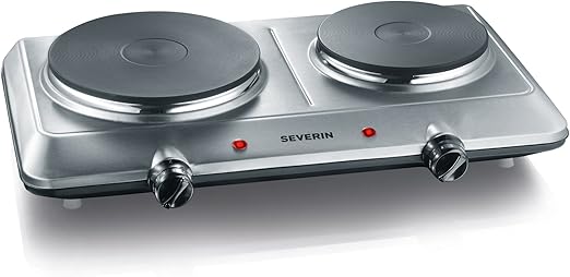 SEVERIN Placa de cocina doble portátil, placa eléctrica para cocinar con 2 fuegos, hornillo eléctrico de mesa con termostato regulable de acero inoxidable pulido, 2.500 W, KP 1014