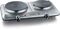 SEVERIN Placa de cocina doble portátil, placa eléctrica para cocinar con 2 fuegos, hornillo eléctrico de mesa con termostato regulable de acero inoxidable pulido, 2.500 W, KP 1014