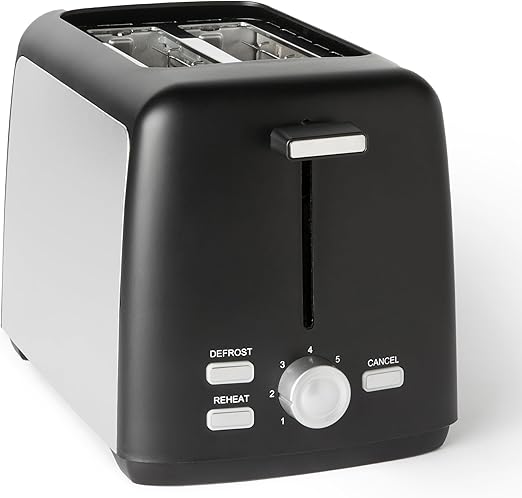 Amazon Basics Tostapane 2 Fette con 7 Livelli di Doratura e Vassoio Raccogli Briciole Estraibile, Slot Extra Larghi, 800W, Nero