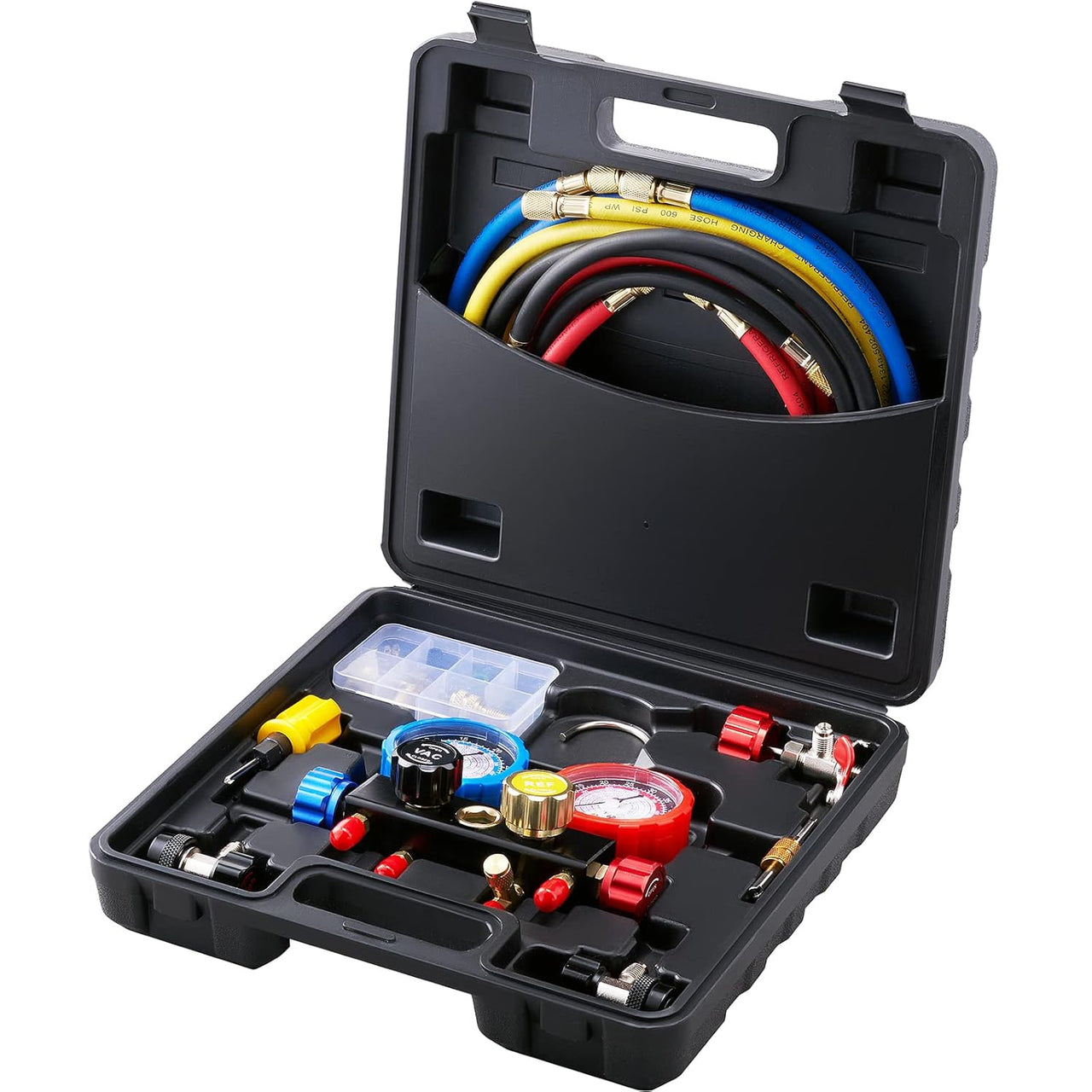 VEVOR Juego de Manómetros 4 Vías para Carga de Refrigeración R134A R22 R12 R410A Manguera de Recarga de Refrigerante de con Manómetro y Adaptador Caja de Refrigeración para Refrigerante