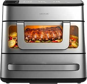 Cecotec Freidora de Aire y Horno 18L Cecofry FoodCourt 18000 4Pizza+. 2700W, Horno Pizza 12" Incluy. Piedra, 9L Freidora Aire, Pared Divisoria, Pantalla Color, Acero Inoxidable, Sincronización Cubetas