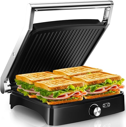 YASHE Sandwichera Eléctrica 2000W – Grill Panini y Parrilla Eléctrica Interior para Bocadillos, Carnes y Verduras – Placas Antiadherentes Grandes – Apertura 180° – Temperatura Automática – Fácil Limpi