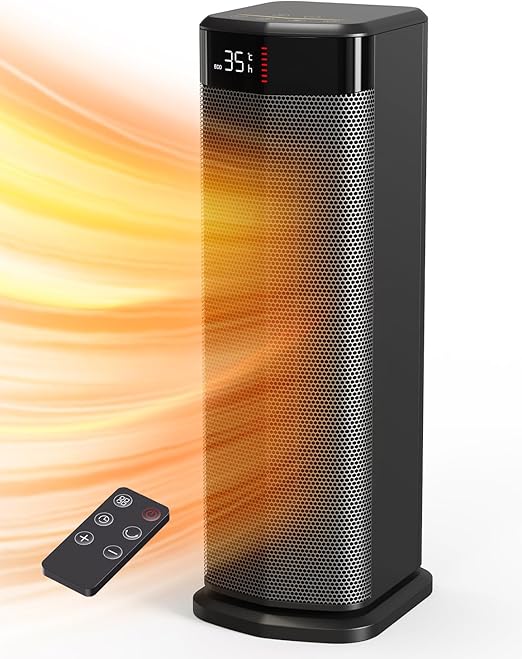 Calefactor Bajo Consumo, 2000W PTC Calefactor, 4 Modos, Modo ECO, Termostato, 90° Oscilación, Temporizador 24H, Control Remoto, Protección contra Vuelcos y Sobrecalentamiento para Interiores