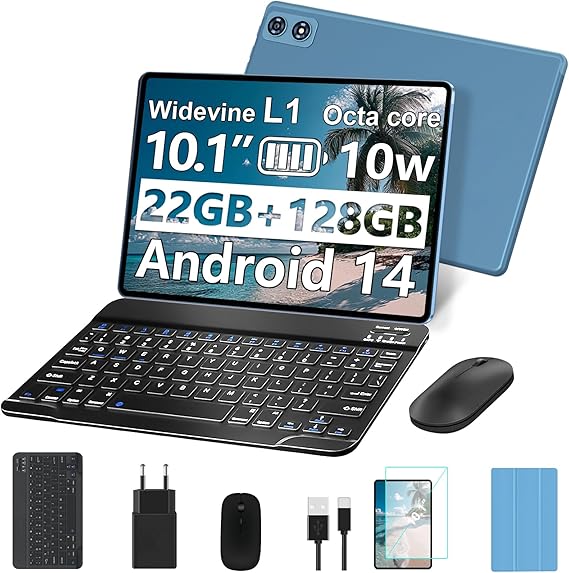 fezawio Tablet 10 Pulgadas Tablets Android 14, 22GB Ram+128GB ROM Octa-Core Tablets 5G WiFi, 8000 Mah, (1tb TF) Tablet con Teclado y RatóN- Golden