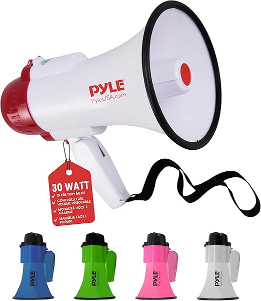Pyle megafono, Portatil, Altavoz, Sirena, Compacto, Funciona con Pilas, Potencia de 30V, Microfono, Sonido PA, Mango Plegable, Ideal para policias, Porristas, Entrenadores