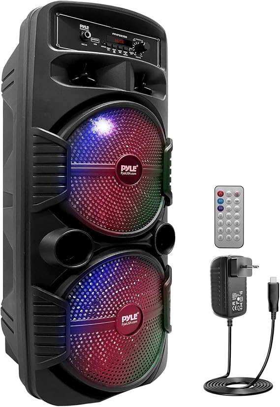 Pyle Sistema de Altavoces, PA, 600W, Bluetooth, Portatil, Recargable, Interiores, Exteriores, Subwoofer de 8", Tweeter de 1", función de grabación, micrófono, Luces de Fiesta, Radio USB/SD, Negro