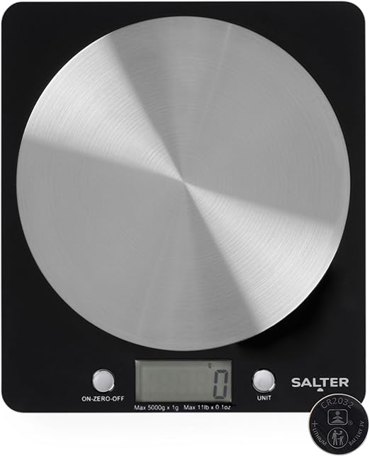 Salter 1036 BKSSDR Báscula electrónica de cocina - capacidad de 5 kg, báscula de pesaje de alimentos con plataforma de disco de acero inoxidable, función de agregar y pesar/tara, medir líquidos