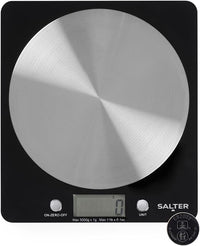 Salter 1036 BKSSDR Báscula electrónica de cocina - capacidad de 5 kg, báscula de pesaje de alimentos con plataforma de disco de acero inoxidable, función de agregar y pesar/tara, medir líquidos