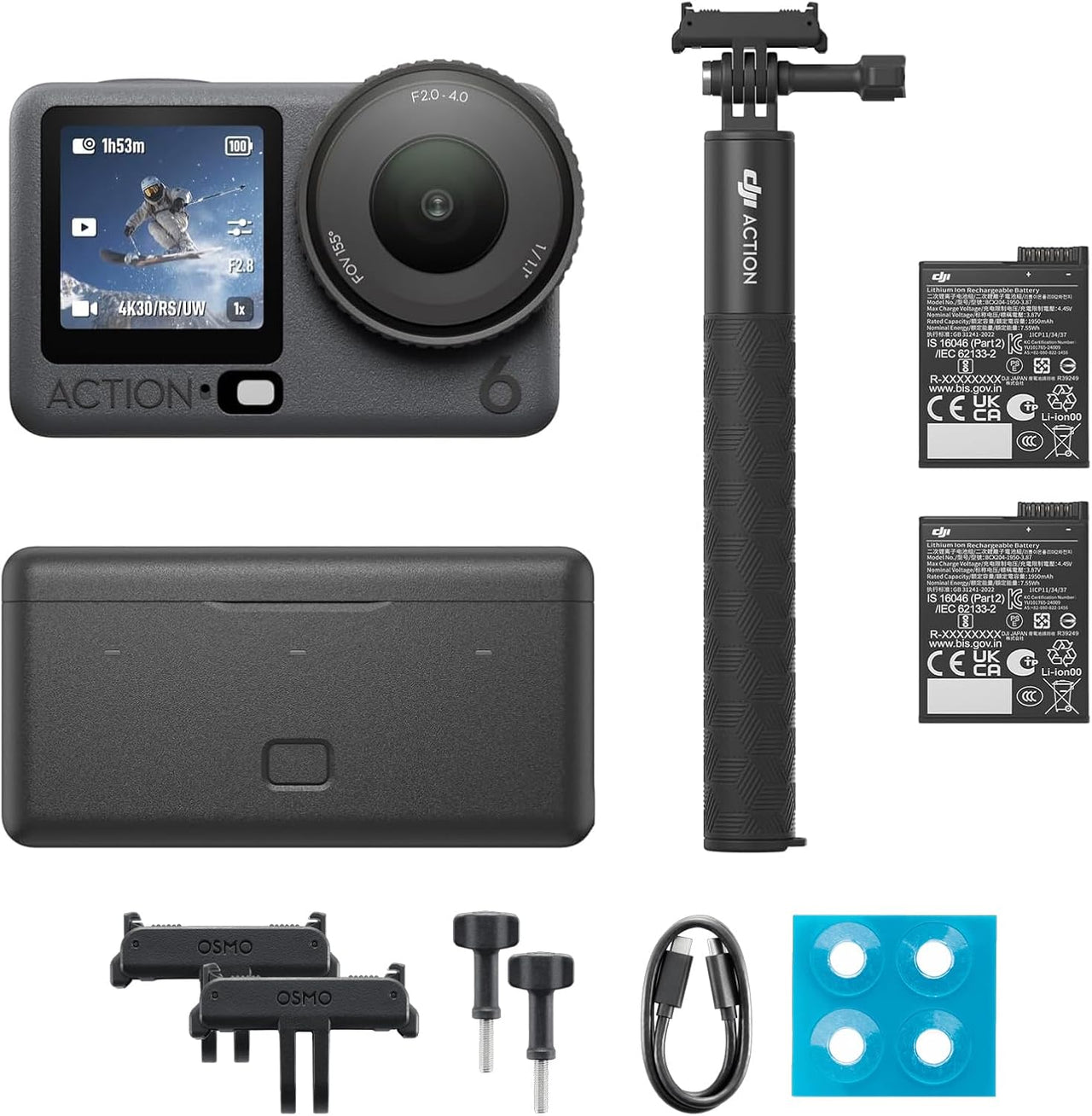 DJI Osmo Action 6 Standard Combo, podwodna kamera sportowa z matrycą kwadratową 1/1,1″ i pamięcią 50 GB, zmienną przysłoną f/2,0–f/4,0, odporna na zimno, 4 godziny pracy na akumulatorze, 8K