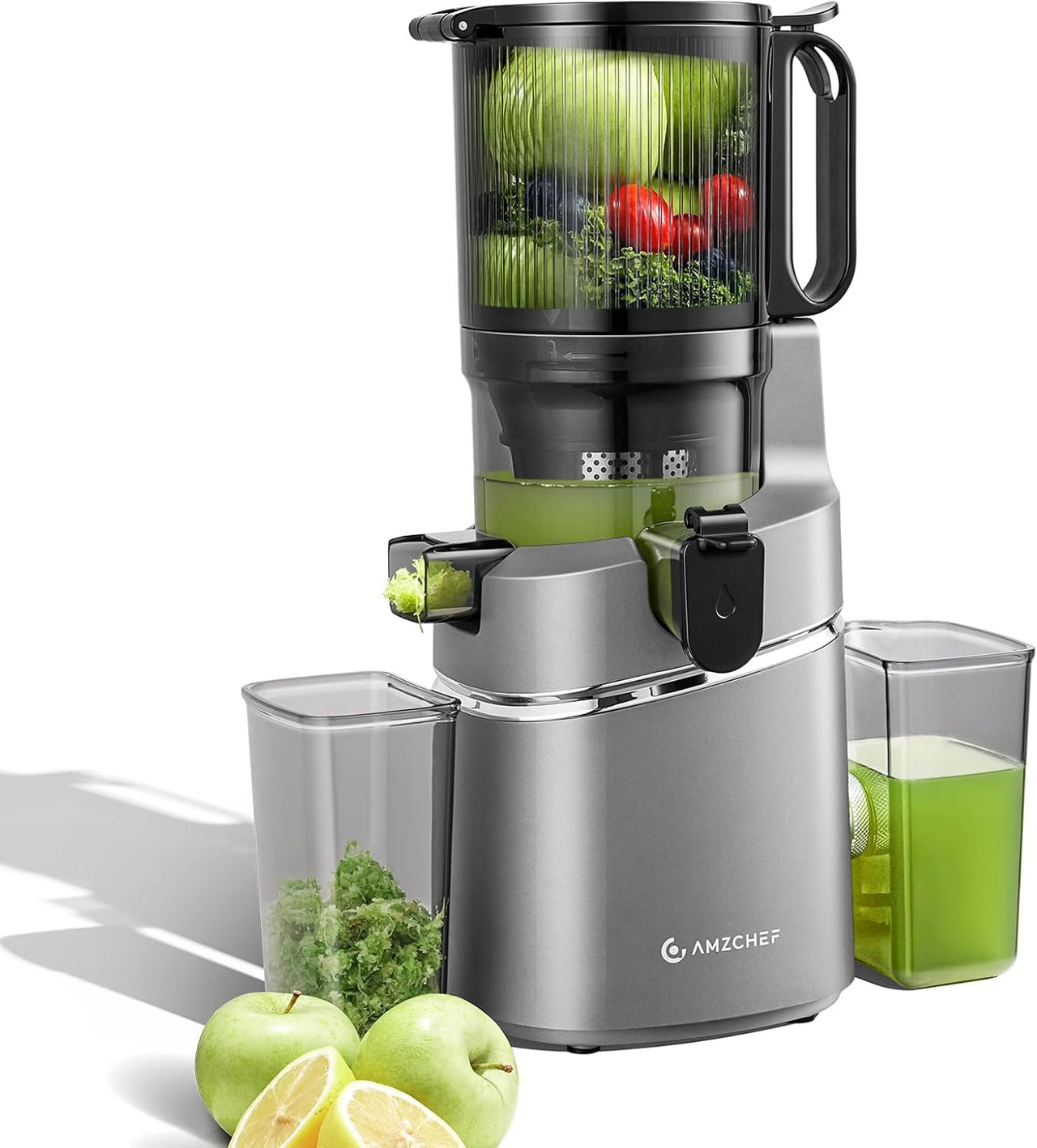 AMZCHEF Extractor de Zumos y Verduras Automático, 145MM Apertura y 1.8L Capacidad Licuadora para Verduras y Frutas Entera, 250W Licuadora Prensado en Frio Lento con Triple Filtro - Gris