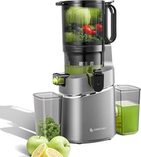 AMZCHEF Extractor de Zumos y Verduras Automático, 145MM Apertura y 1.8L Capacidad Licuadora para Verduras y Frutas Entera, 250W Licuadora Prensado en Frio Lento con Triple Filtro - Gris