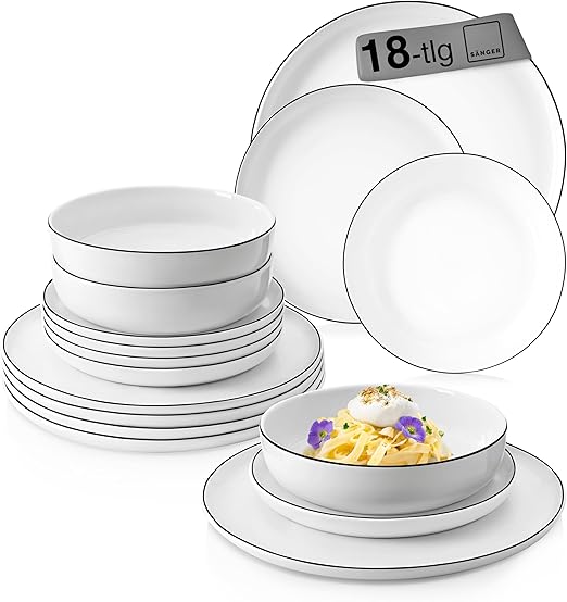 SÄNGER Vajilla Marlo Black Rim, color blanco, 18 piezas para 6 personas, de porcelana, color blanco con detalles en negro, platos y cuencos, forma moderna, colección Premium