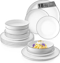 SÄNGER Vajilla Marlo Black Rim, color blanco, 18 piezas para 6 personas, de porcelana, color blanco con detalles en negro, platos y cuencos, forma moderna, colección Premium