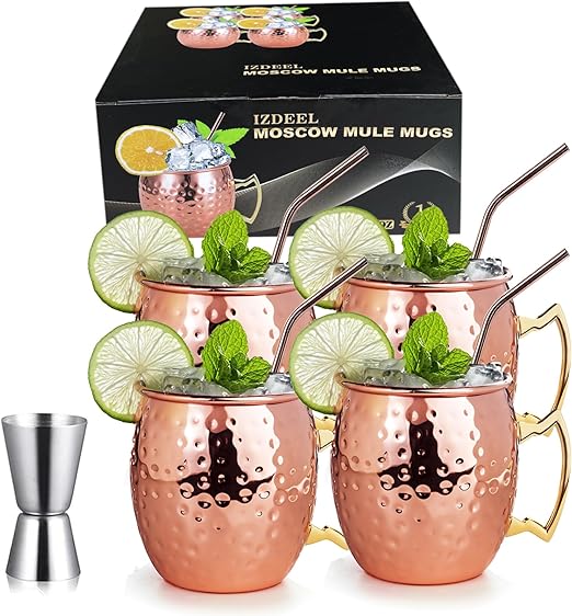 izdeel Vasos Moscow Mule Cobre Mug Copas de Cóctel, para Cócteles, Vodka, Bebidas Frías, Hogar, Bar, Fiesta, San Valentín, Navidad, Año Nuevo, Cumpleaños, Regalos Caja (4 Tazas, 4 Pajitas y Jigger)