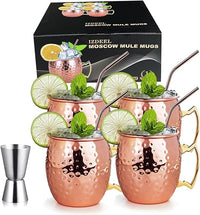 izdeel Vasos Moscow Mule Cobre Mug Copas de Cóctel, para Cócteles, Vodka, Bebidas Frías, Hogar, Bar, Fiesta, San Valentín, Navidad, Año Nuevo, Cumpleaños, Regalos Caja (4 Tazas, 4 Pajitas y Jigger)