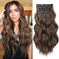 Thumbnail for Extension per capelli con clip, 4 pezzi, castano miele balayge, extension per capelli lunghi ondulati con clip, extension per capelli in fibra sintetica, da donna