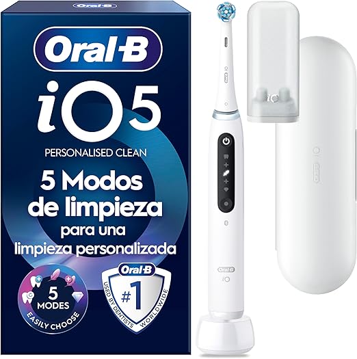 Oral-B iO 5N Cepillo de Dientes Eléctrico Blanco Con Mango Recargable, 1 Cabezal y Estuche De Viaje, 5 Modos De Cepillado Con Blanqueamiento Dental, Sensor De Presión, Diseñado por Braun