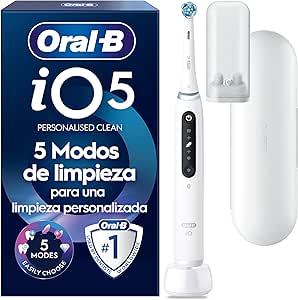 Oral-B iO 5N Cepillo de Dientes Eléctrico Blanco Con Mango Recargable, 1 Cabezal y Estuche De Viaje, 5 Modos De Cepillado Con Blanqueamiento Dental, Sensor De Presión, Diseñado por Braun