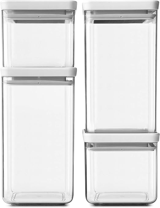 Brabantia tasty + set de 4 botes apilables cuadrados de plástico transparente, 2 x 0.7 l, 2 x 1.6 l, tapa light grey
