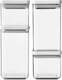 Brabantia tasty + set de 4 botes apilables cuadrados de plástico transparente, 2 x 0.7 l, 2 x 1.6 l, tapa light grey